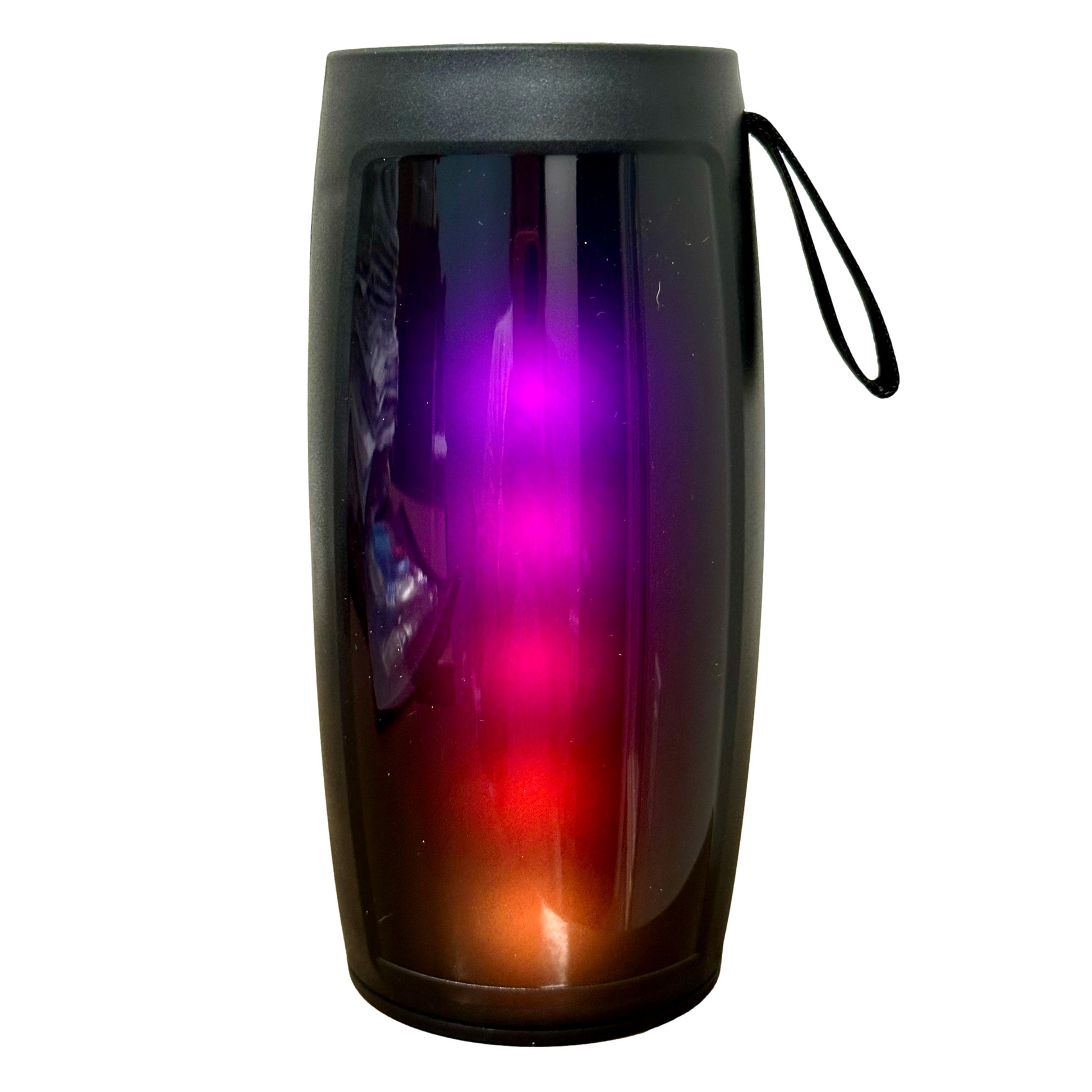 Black portable speaker with color-changing lights.