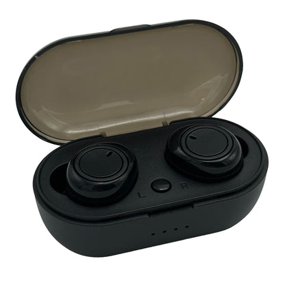 Black wireless earbuds in an open black charging case.