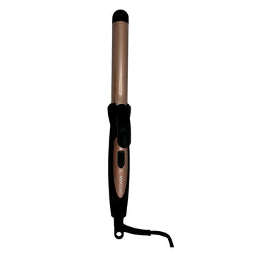 Hair straightener with black handle and rose gold body on a white background