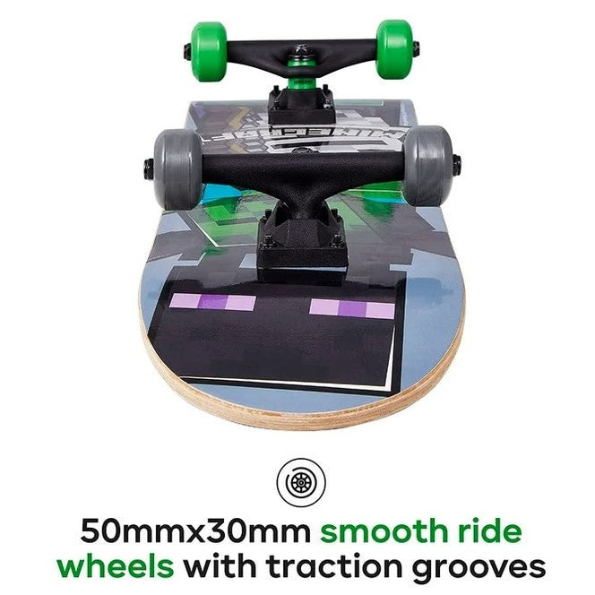 A Minecraft skateboard with green and grey wheels.