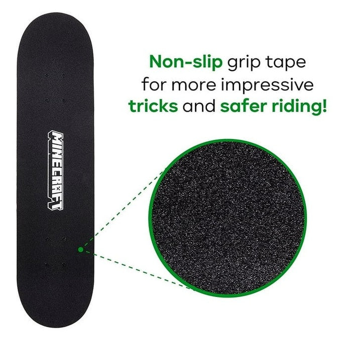 Black skateboard with grip tape and the Minecraft logo.