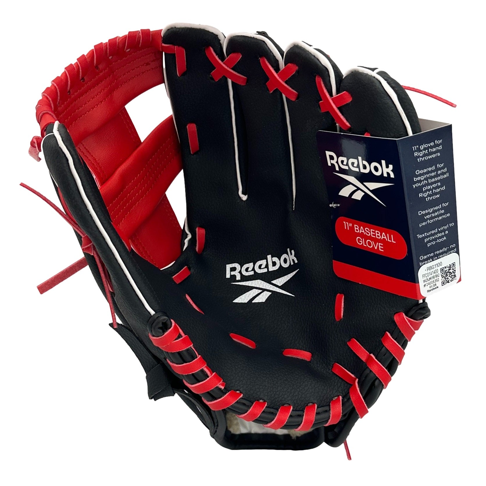 Black and red Reebok baseball glove.
