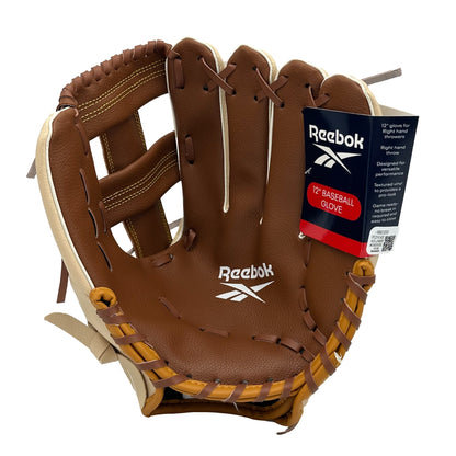 A brown and tan Reebok baseball glove with the tag attached.