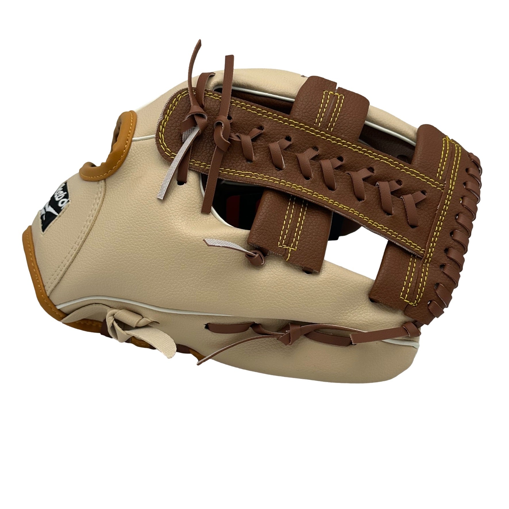 Baseball glove with brown webbing.
