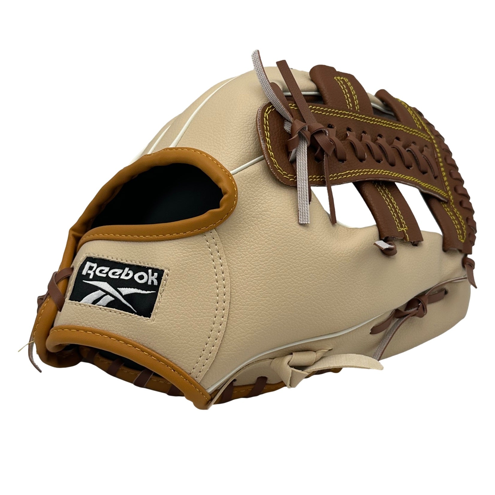 Beige and brown Reebok baseball glove.
