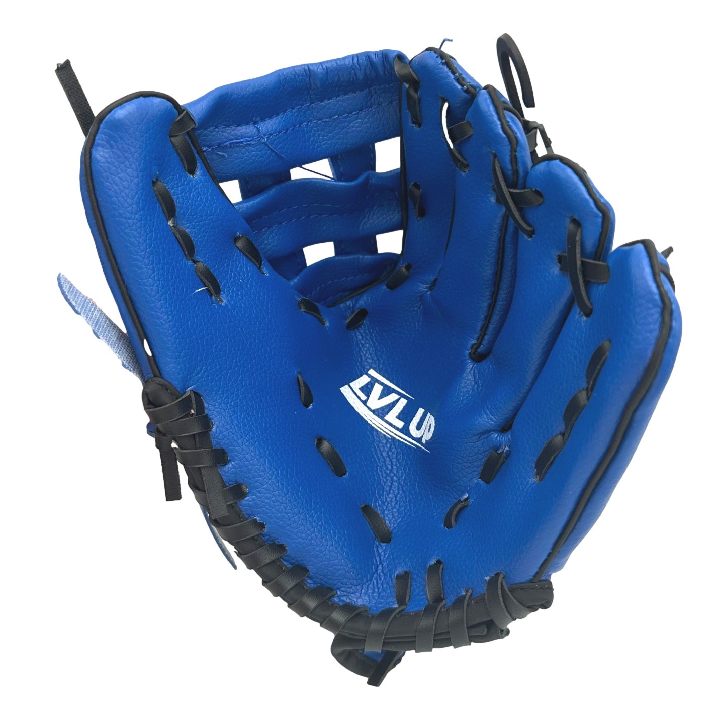 A blue baseball glove with black lacing.