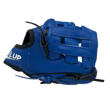 Blue baseball glove with black laces.