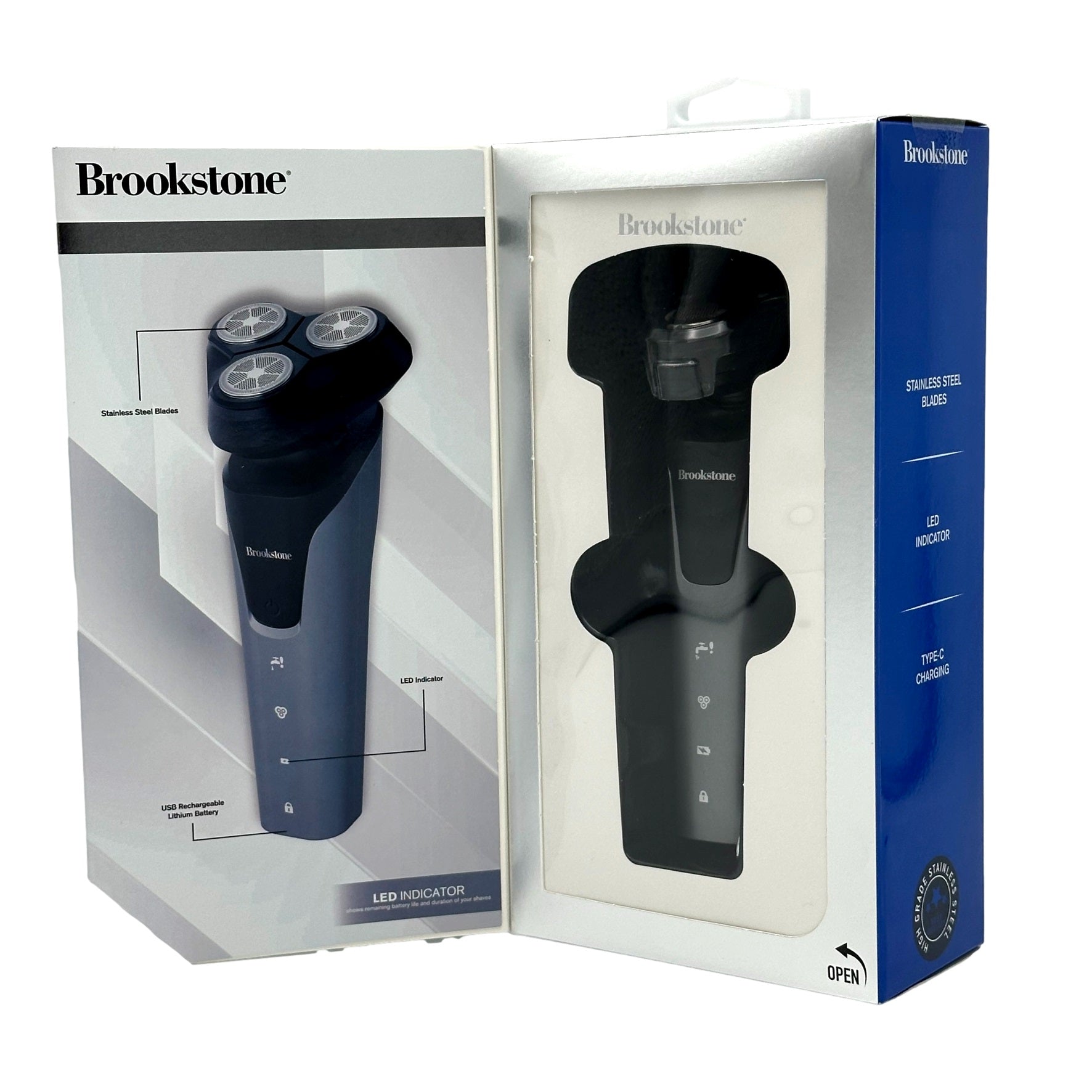 Two Brookstone electric shaver boxes. One is gray and white with an image of the shaver. The second is white and blue, displaying the razor through a transparent window.