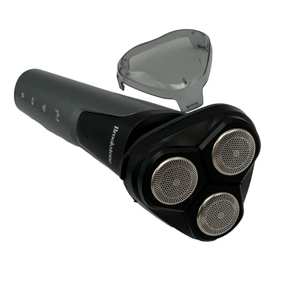 Black Brookstone rotary shaver with a translucent gray cover.
