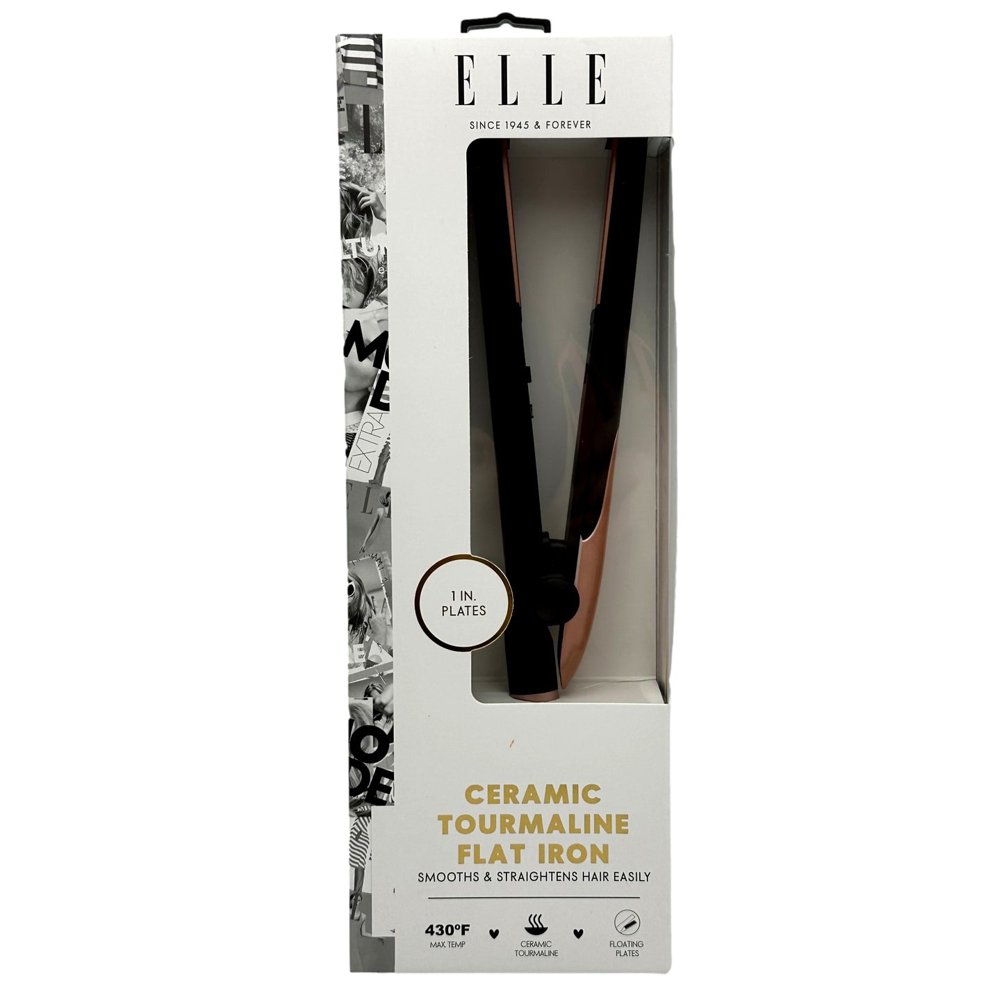 Boxed black and rose gold Elle ceramic tourmaline flat iron.

