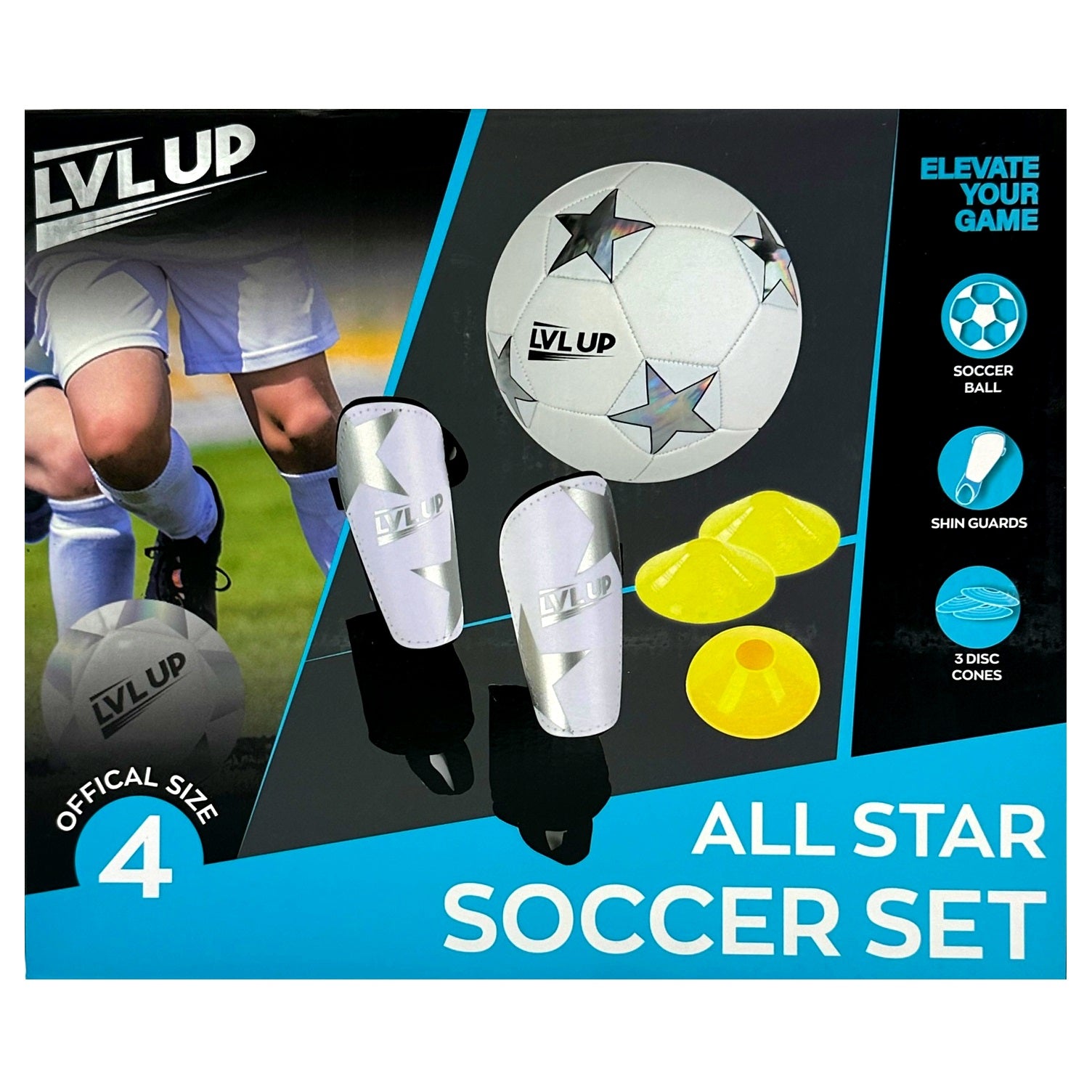All Star soccer set with soccer ball, shin guards, and disc cones.