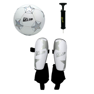 White soccer ball, pump, and shin guards.
