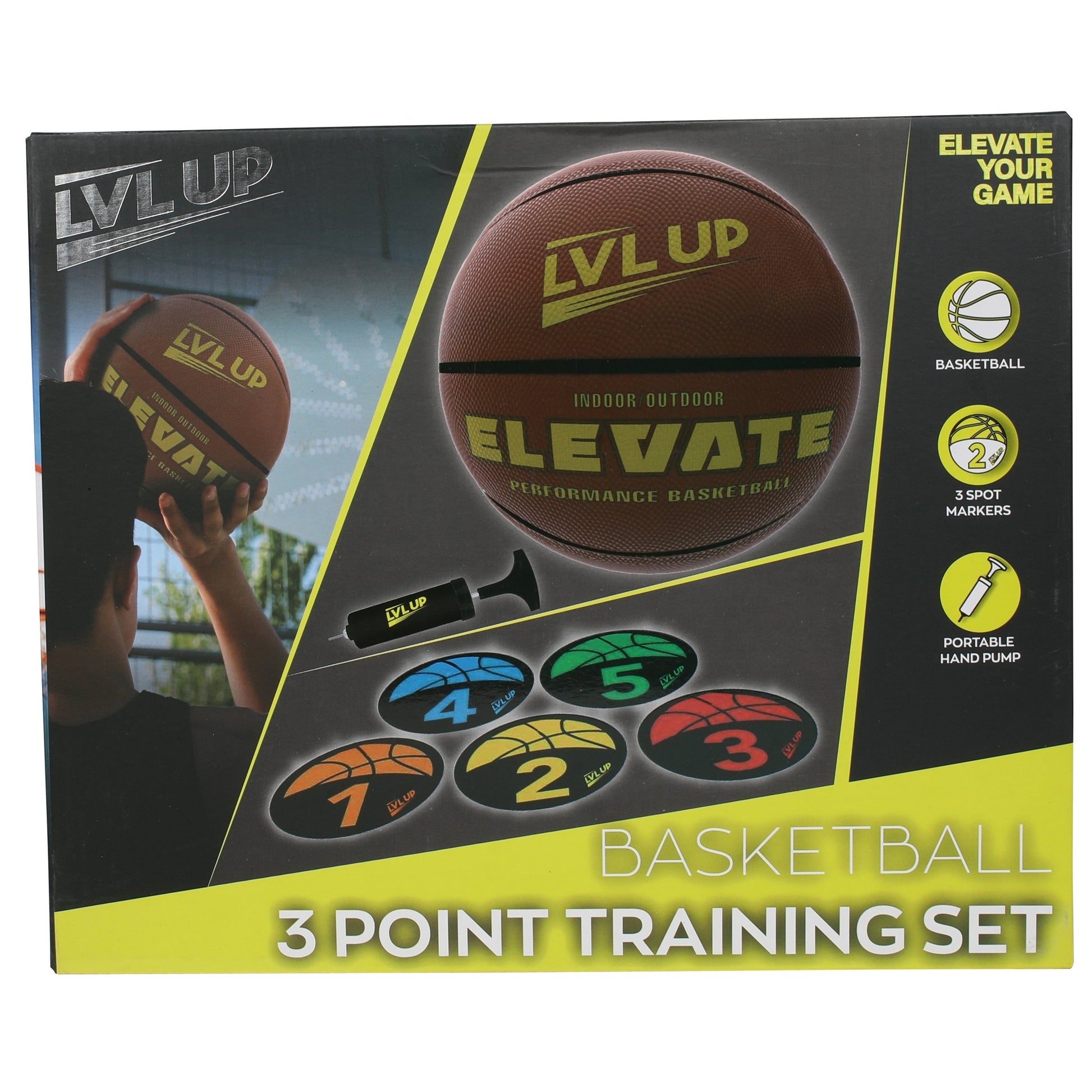 Product packaging for an LVL UP Elevate basketball three-point training set, including a basketball, 5 spot markers, and a portable hand pump.