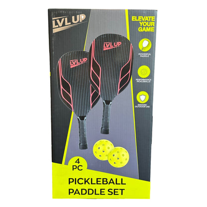 Boxed pickleball paddle set with two paddles and two yellow pickleballs.