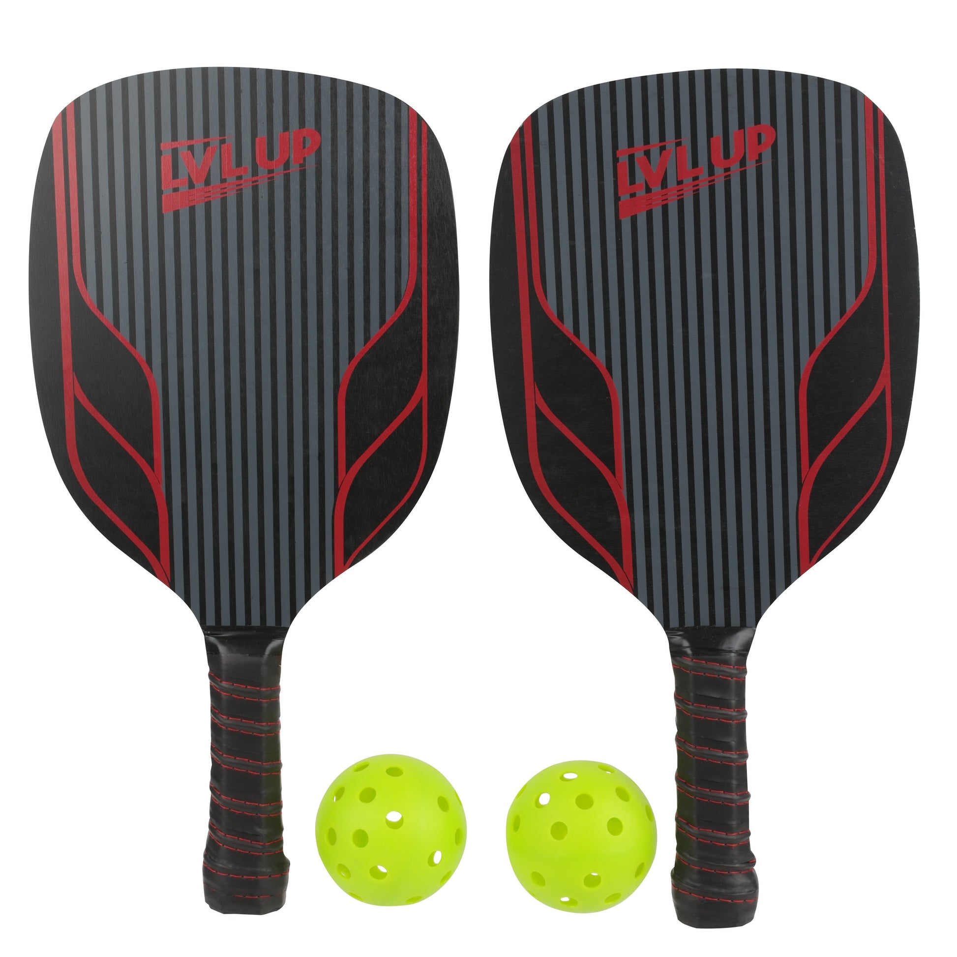 Two gray and black pickleball paddles with red accents and two yellow pickleballs.