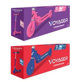 Two Voyager scooter boxes, one purple and one red, on a white background.