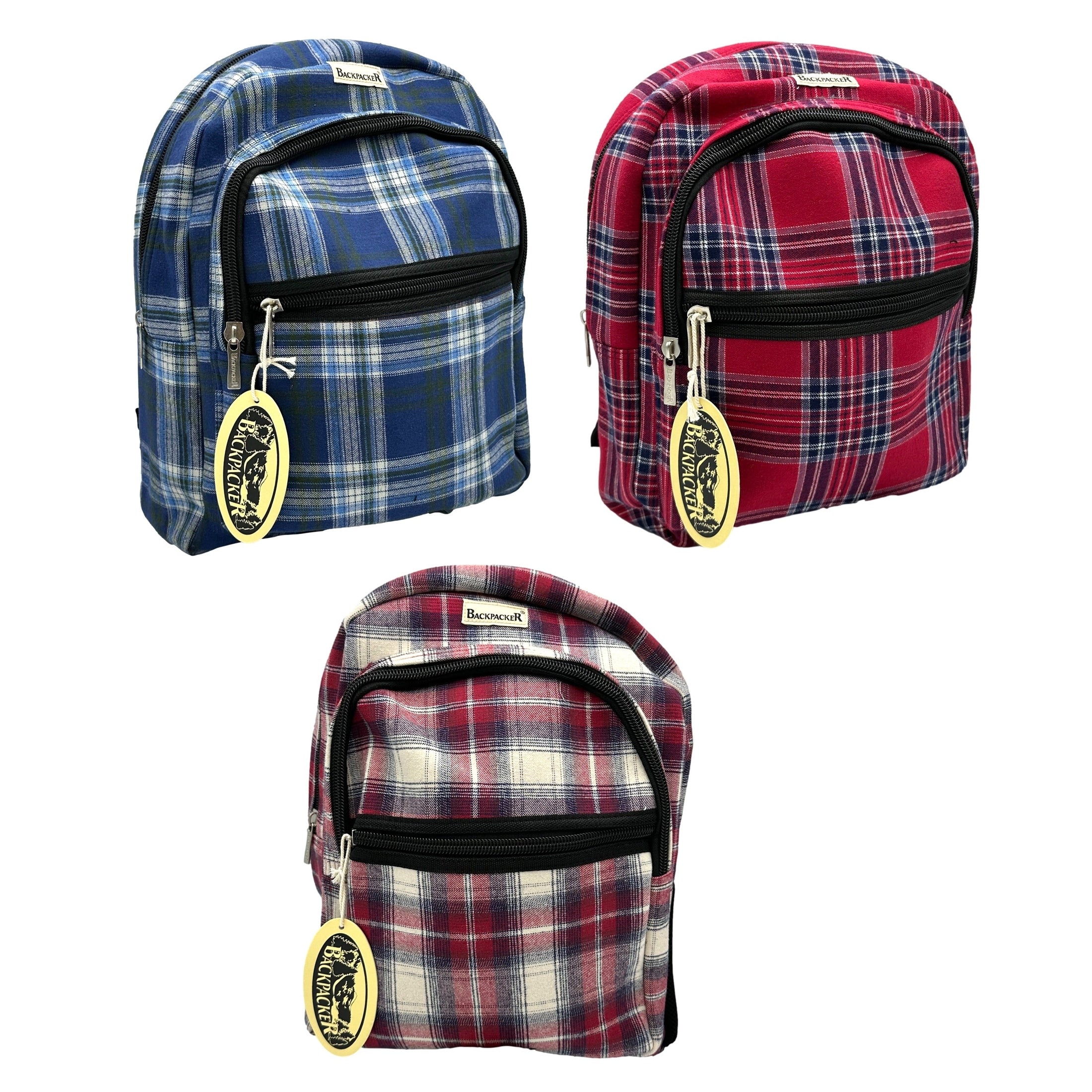 Three plaid backpacks. Blue, red, and red-white plaid.