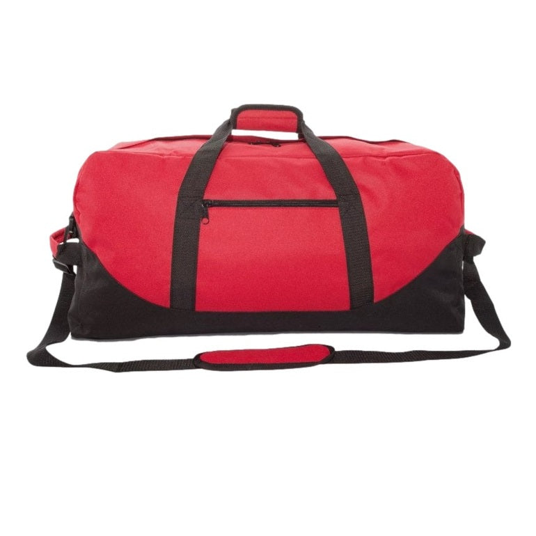 Red and black duffel bag with shoulder strap.