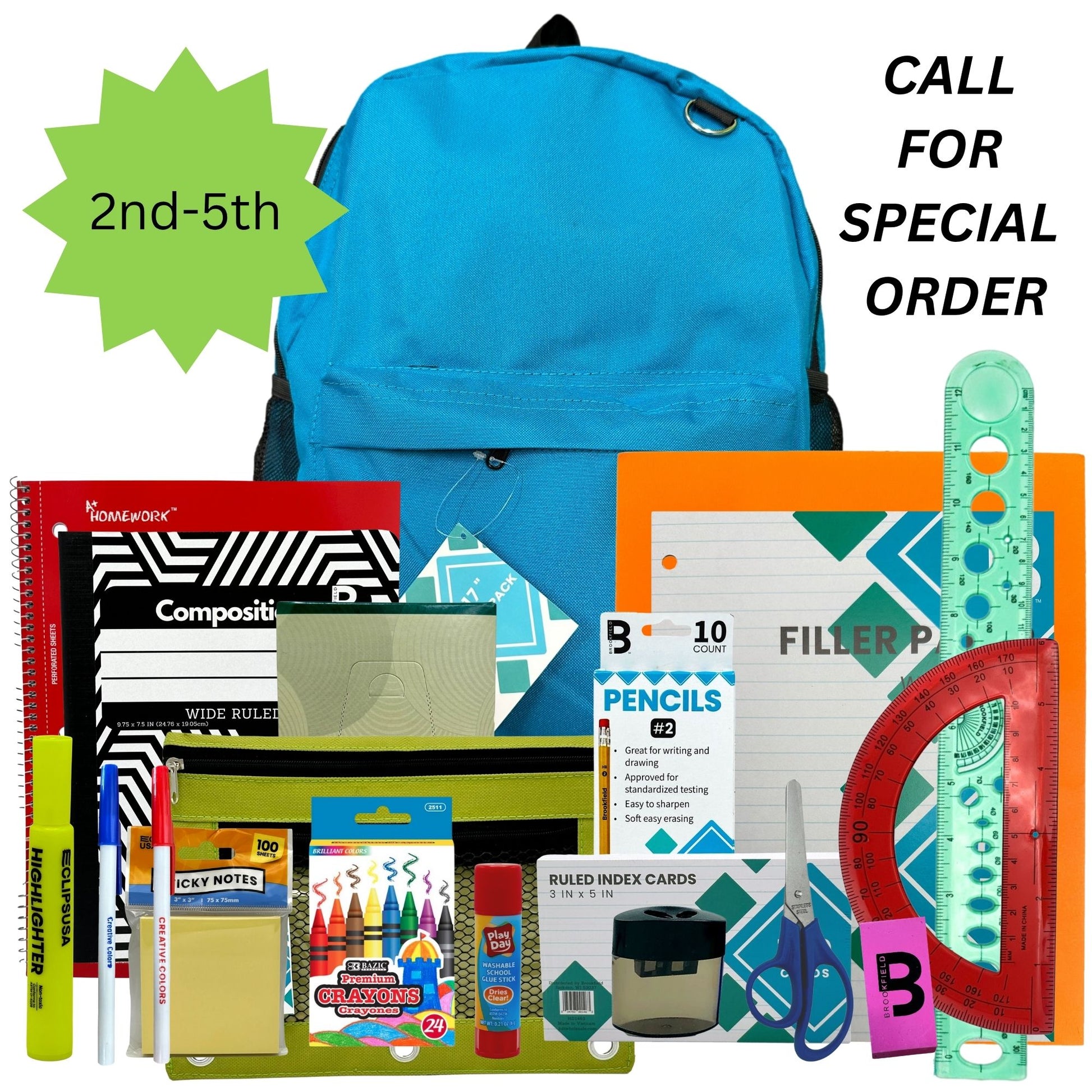 School supplies including a blue backpack, composition notebook, pencils, crayons, and rulers are arranged on a white surface. The text "CALL FOR SPECIAL ORDER" is visible on the top right, and "2nd-5th" is displayed on a green starburst.