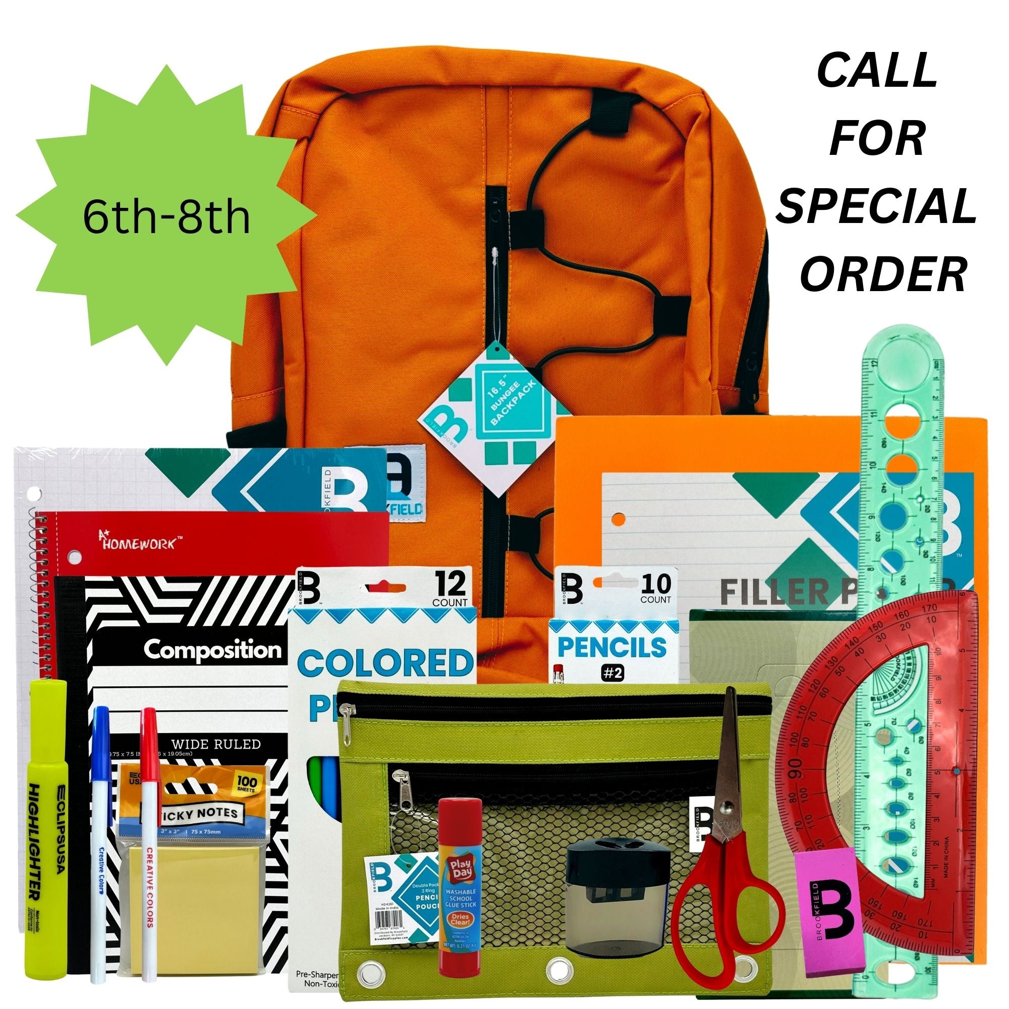 School supplies with an orange backpack, writing utensils, notebooks, rulers, and a green pencil pouch.