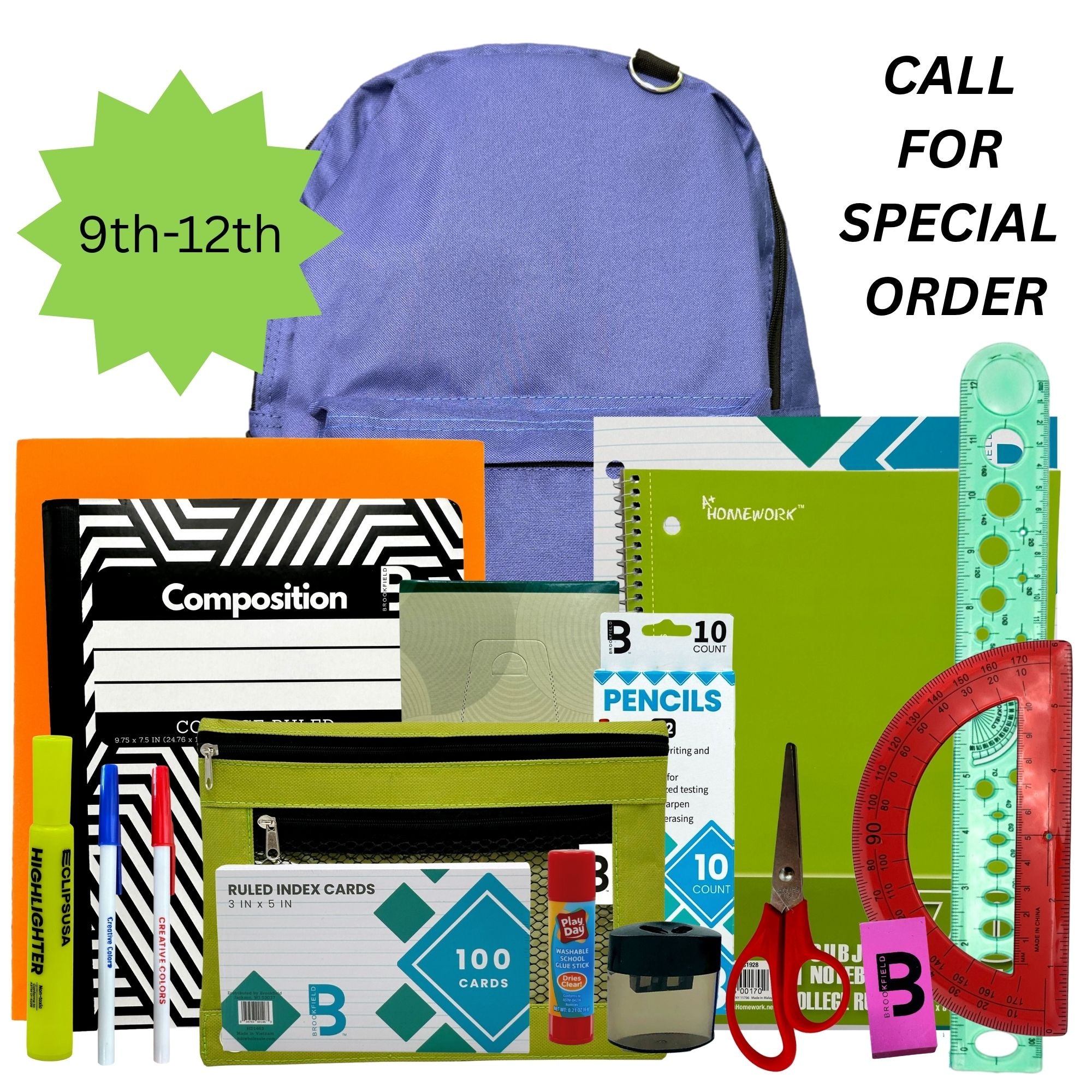 Back to school supplies with backpack, notebooks, writing utensils, and rulers.