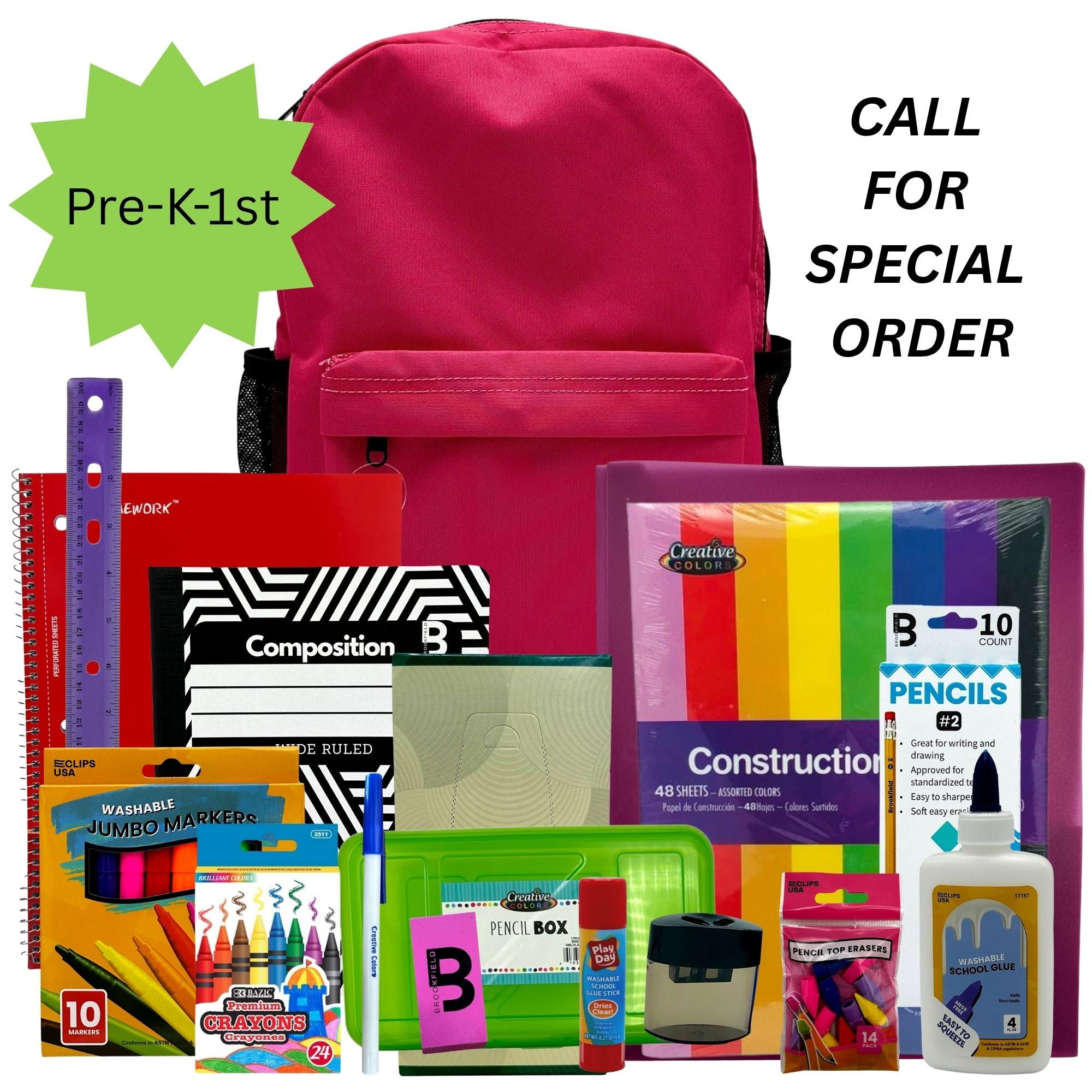 A collection of back-to-school supplies, including a pink backpack, notebooks, pencils, crayons, markers, glue, and construction paper.