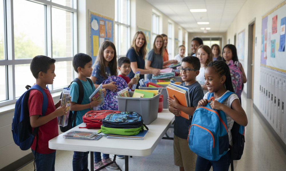 Children with backpacks and school supplies in a classroom setting