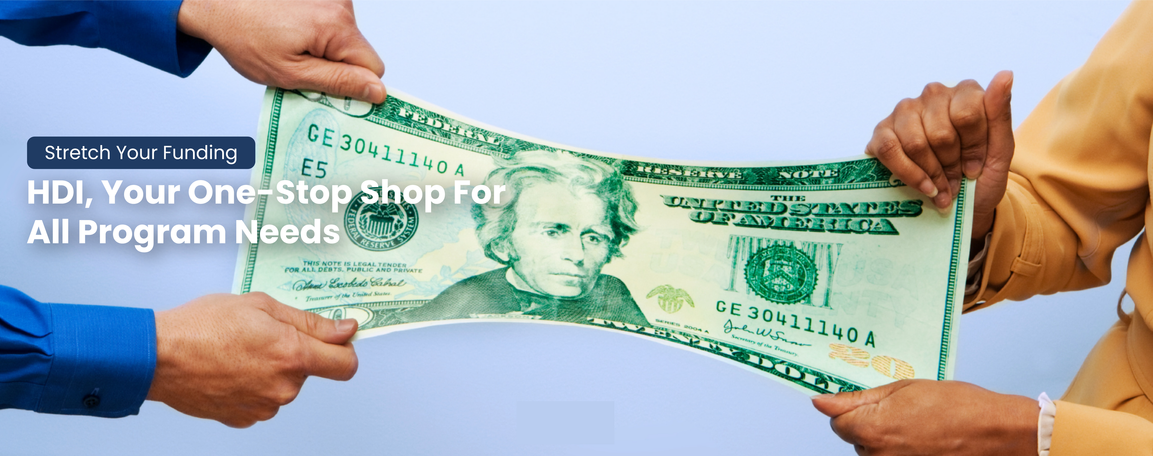 Two people holding a large dollar bill against a blue sky, with text about funding solutions.