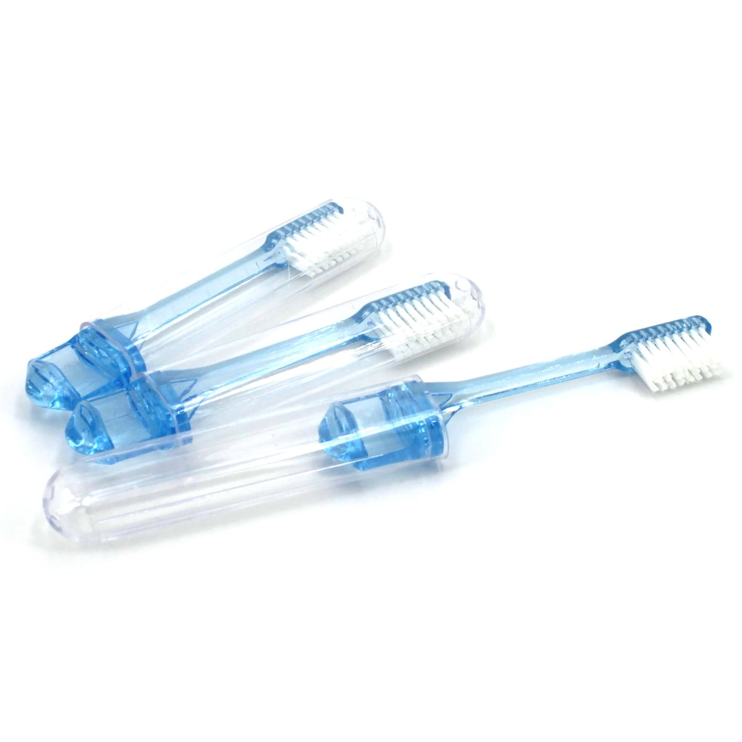 Four blue and clear disposable toothbrushes on a white background.