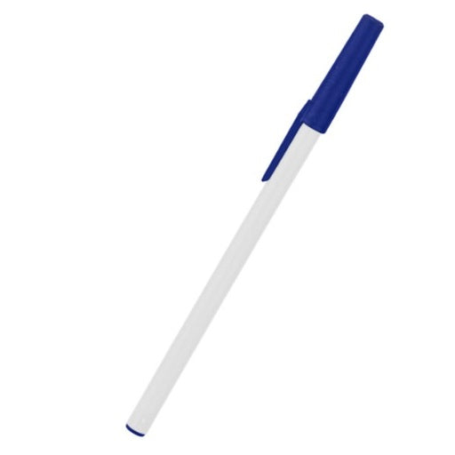 Blue and white ballpoint pen.
