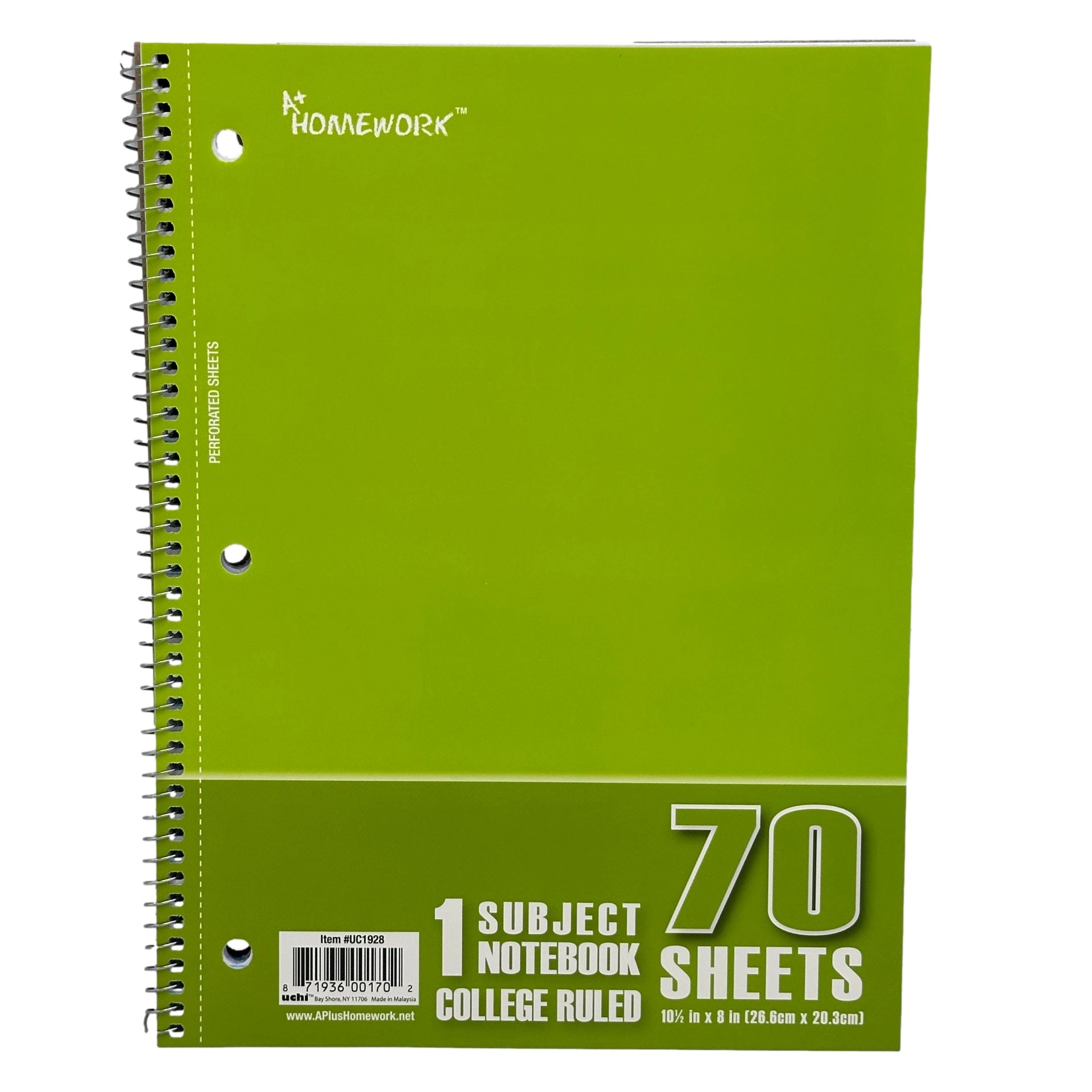 Green A+ Homework one-subject college-ruled notebook with 70 sheets and a perforated edge.