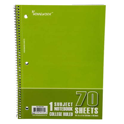 Green A+ Homework one-subject college-ruled notebook with 70 sheets and a perforated edge.