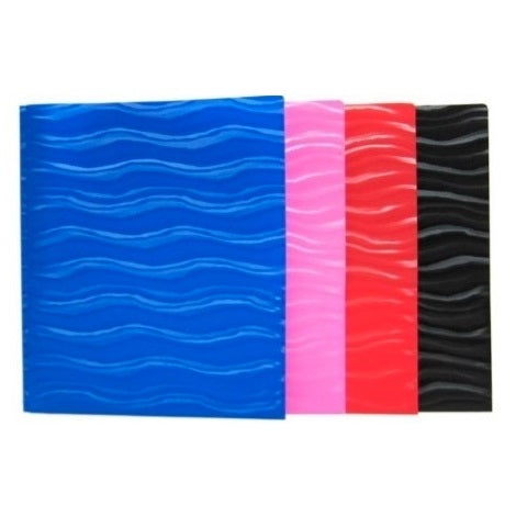 Four colorful folders with wavy patterns in blue, pink, red, and black.