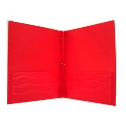 An open, red, two-pocket folder with fasteners.

