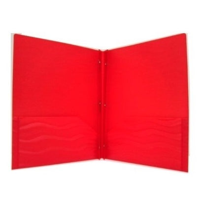 An open, red, two-pocket folder with fasteners.
