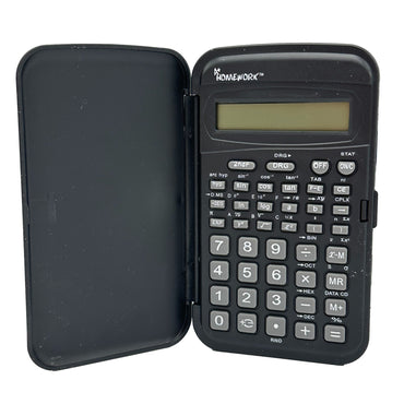 Black "A+ Homework" scientific calculator with a protective cover open.