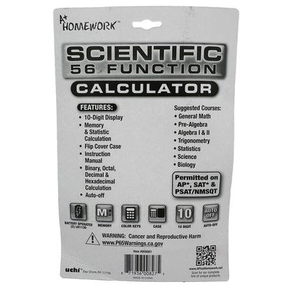 Packaging for an A+ Homework brand scientific calculator listing the calculator's features, suggested courses, and warnings.