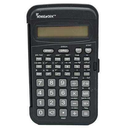 Black scientific calculator with a cover.
