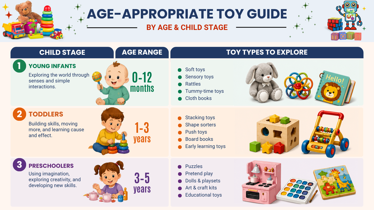 An infographic titled 'AGE-APPROPRIATE TOY GUIDE' categorizes toys by child stage: Young Infants (0-12 months), Toddlers (1-3 years), and Preschoolers (3-5 years). It features colorful illustrations of toys such as stuffed animals, stacking blocks, puzzles, and a toy kitchen, with age ranges and toy types listed in a clean, structured layout.