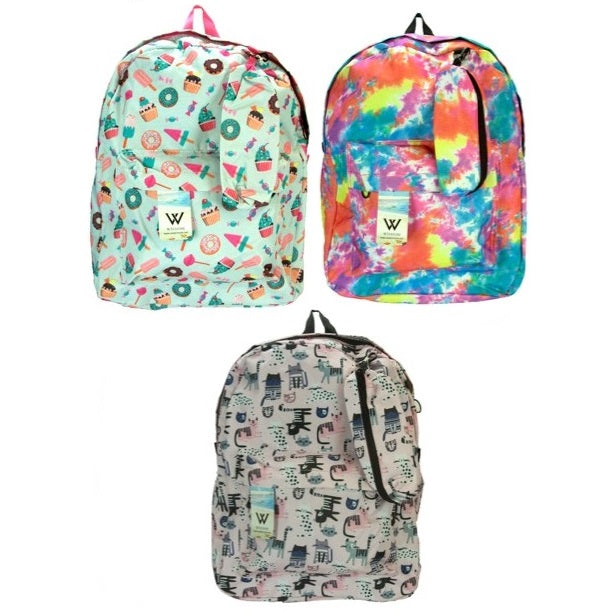 Three backpacks with different patterns.